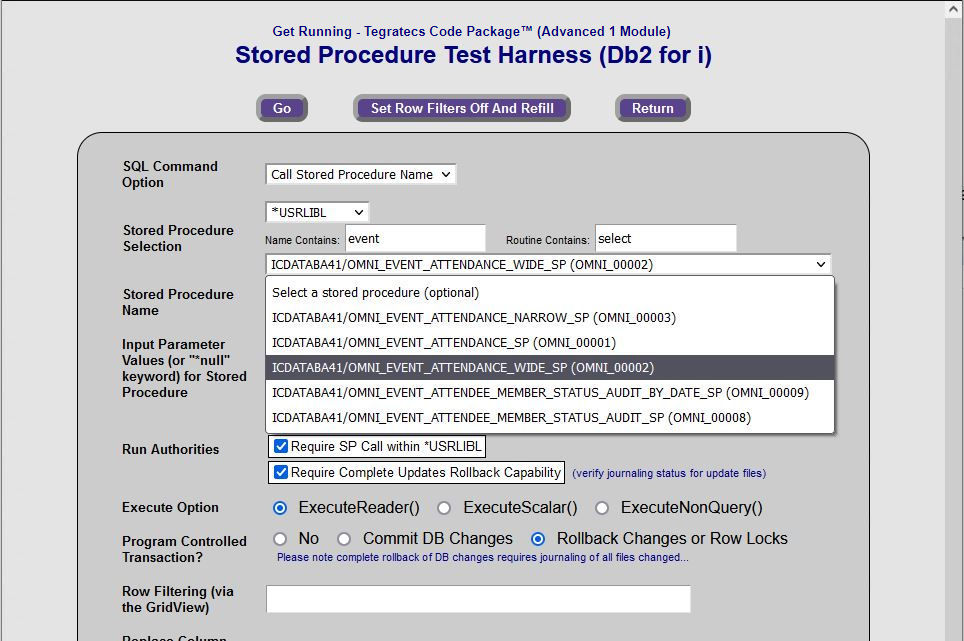 Example 3 - shows the stored procedure drop-down list populated only with stored procedures that pass the filtering criteria